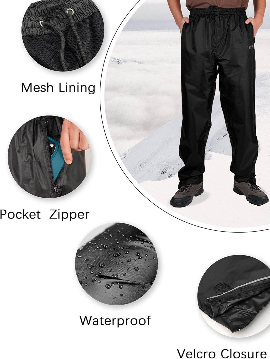 Tofern wasserdichte Regenhose für Herren Leichte Regenhose Winddichte Outdoorhose zum Wandern Campin