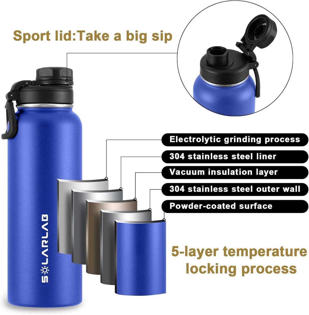 SOLARLAB Trinkflasche edelstahl - Thermoflasche Isolierflasche Thermoskanne 1l für heisse und kalte