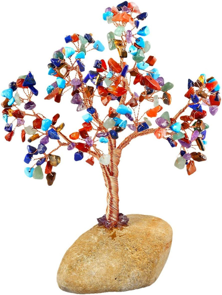 KYEYGWO Geld-Baum eingewickelt auf Steinbasis-Bonsaiskulptur-Figur für gutes Glück Bunter Kristall 1