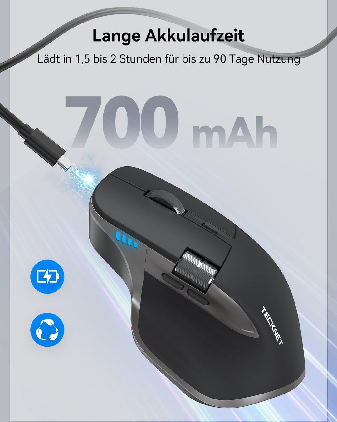 TECKNET Bluetooth kabellose Maus(BT 5.3/5.0+2,4G), Seitliches Mausrad, Superschnelles Scrollen, Wied