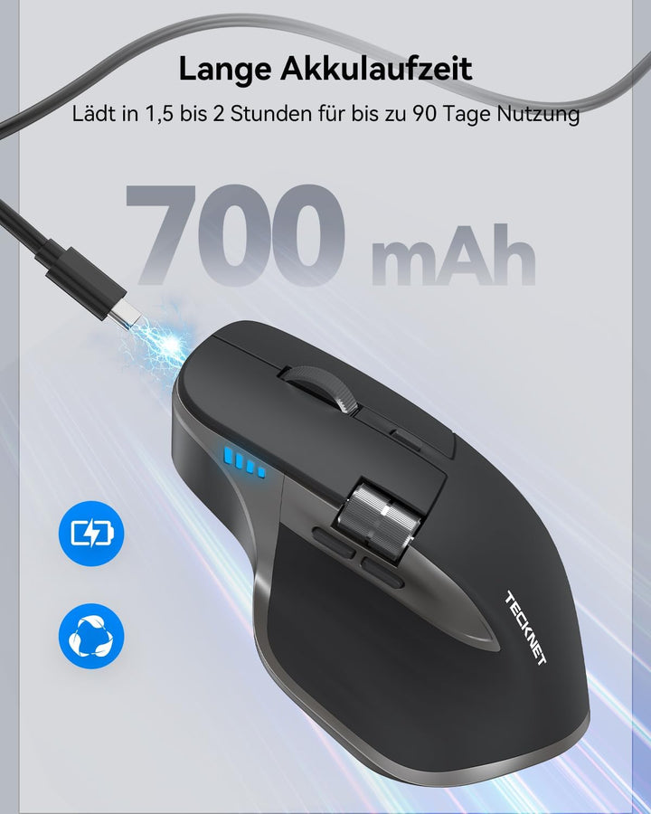 TECKNET Bluetooth kabellose Maus(BT 5.3/5.0+2,4G), Seitliches Mausrad, Superschnelles Scrollen, Wied