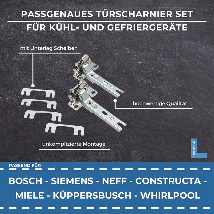 Lichtblau 2x Türscharnier für Kühlschrank Front Montage I passend für Bosch und Siemens 00268698, Mi