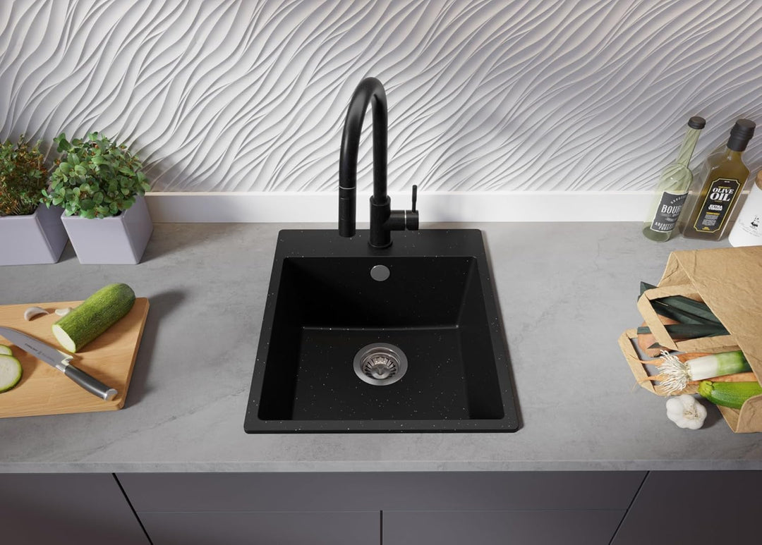 PRIMAGRAN Spülbecken Schwarz Metallic 43x50cm, Granitspüle 1 Becken + Ablauf-Set + Aufrollbare Abtro
