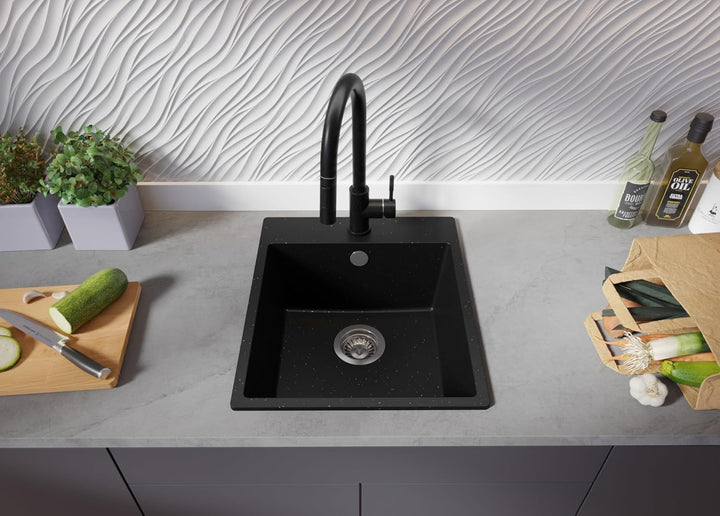 PRIMAGRAN Spülbecken Schwarz Metallic 43x50cm, Granitspüle 1 Becken + Ablauf-Set + Aufrollbare Abtro