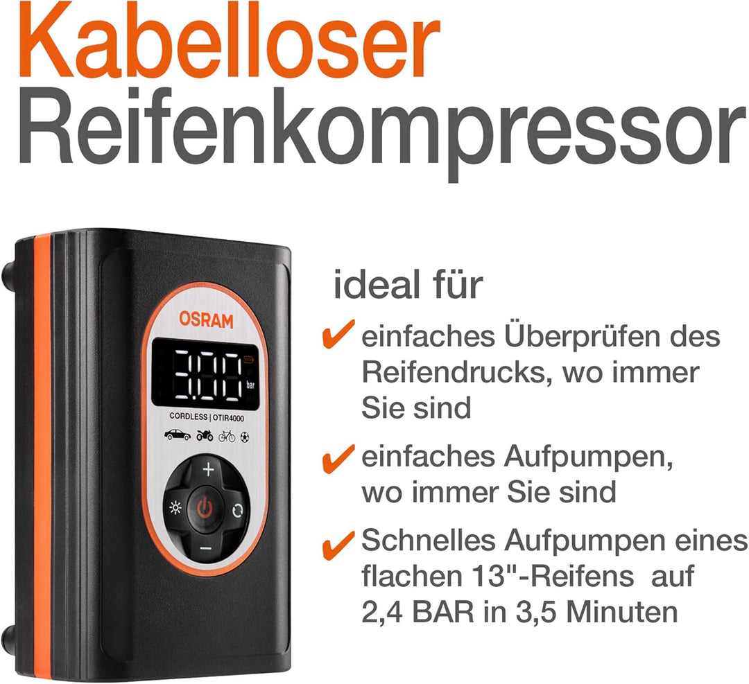 OSRAM TYREinflate 4000, wiederaufladbarer und kabelloser Reifenfüller, programmierbarer digitaler Lu