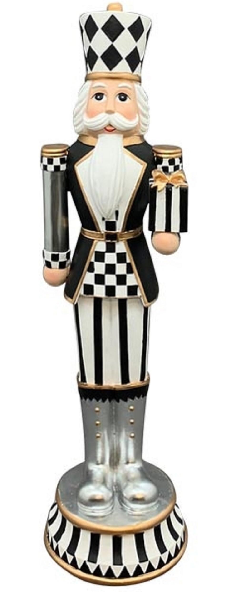 Exner dekorativer klassischer Nussknacker als stilisierte Dekofigur mit Geschenk schwarz weiss Silbe