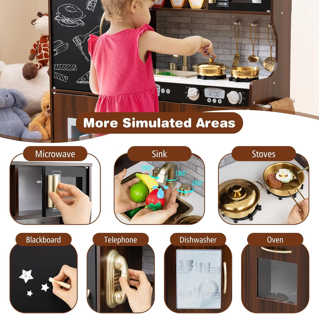 HOMASIS Spielküche mit 10 Zubehör, Kinderküche Holz, Spielzeugküche mit Tafel Spüle Herd Ofen Mikrow