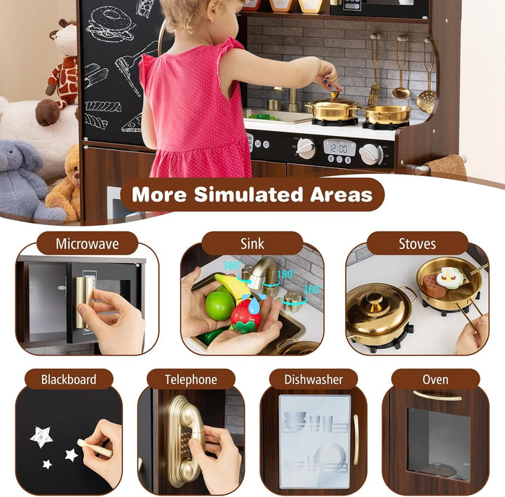 HOMASIS Spielküche mit 10 Zubehör, Kinderküche Holz, Spielzeugküche mit Tafel Spüle Herd Ofen Mikrow
