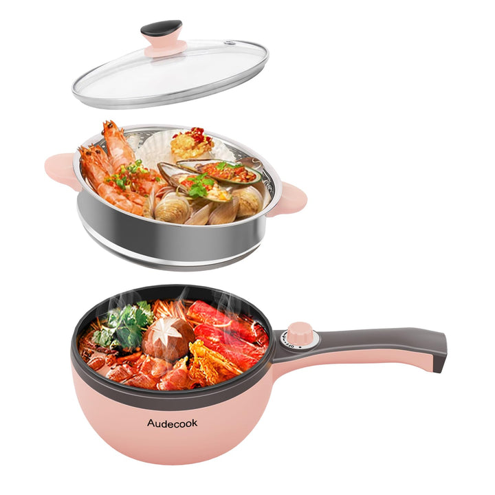 Audecook Elektrische Pfannen mit Dampfgarer, 1,5L Bratpfanne 20cm, Antihaft Klein Elektropfanne, Mul