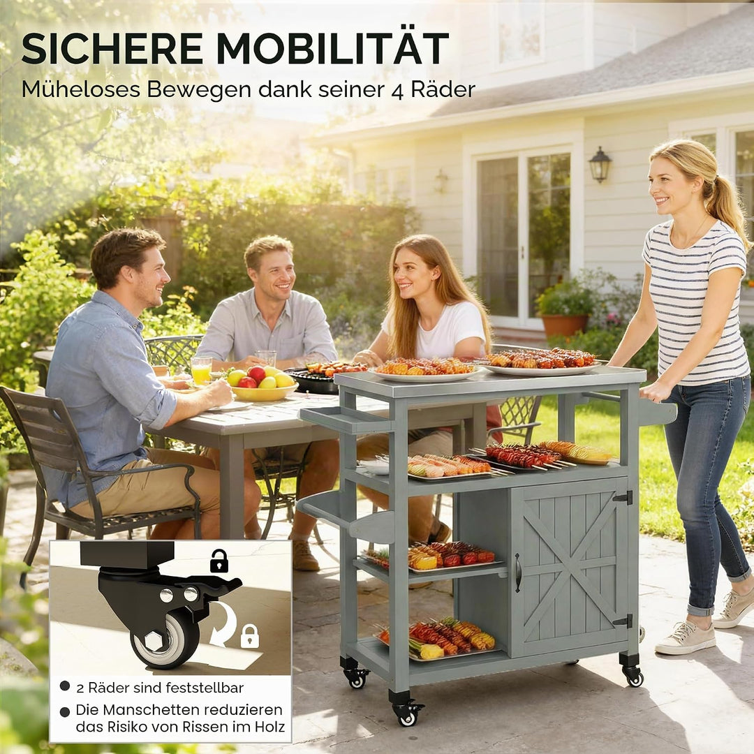 Outsunny Gartenwagen Grillwagen auf Rollen Kücheninsel aus Holz Edelstahlplatte Schrank offene Regal