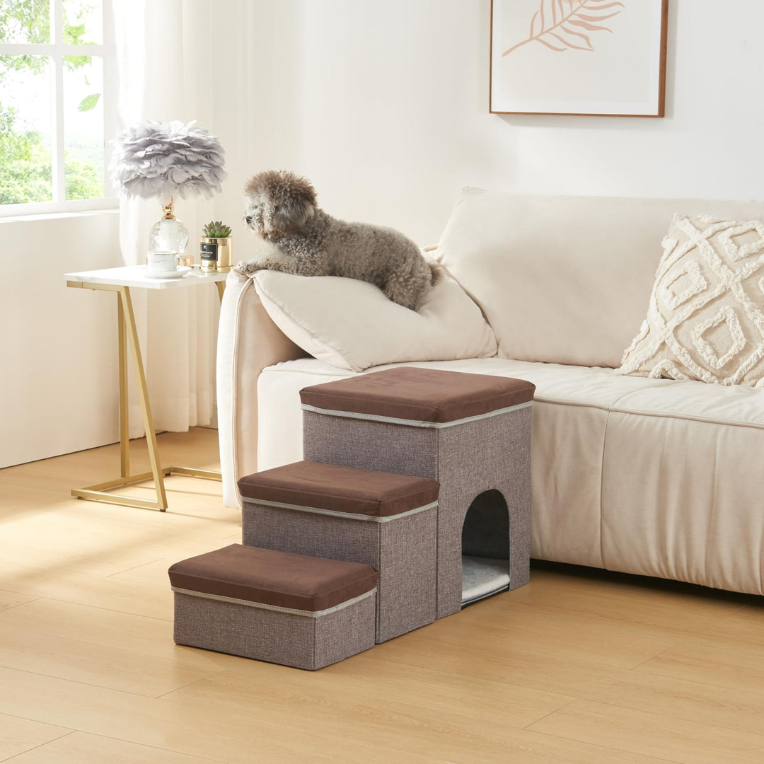 [en.casa] Hundetreppe Vojens Hunderampe mit Höhle für kleine Hunde 3-stufig Haustierleiter für Bett