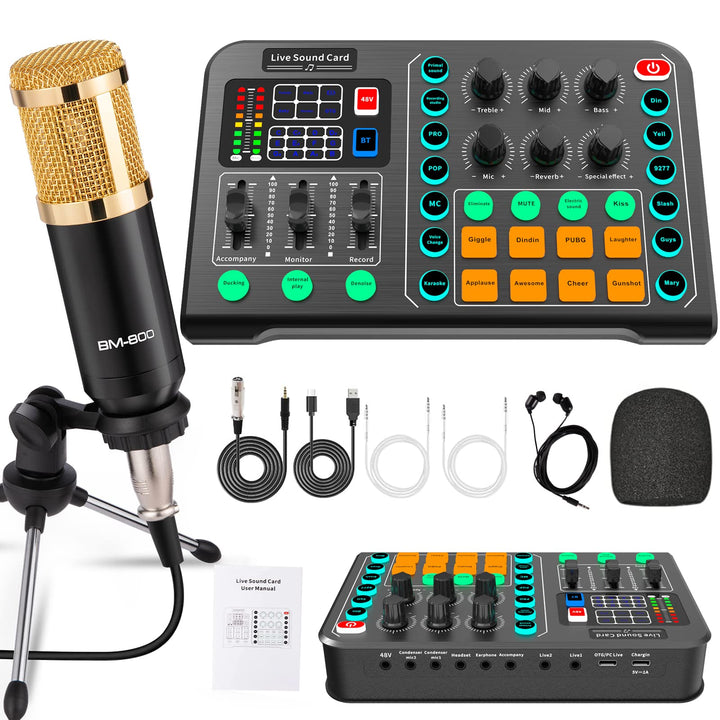 Xisono Kondensatormikrofon Set, Podcast Gerätepaket,BM-800 Mikrofon Kit mit dj Controller, Audio Mix