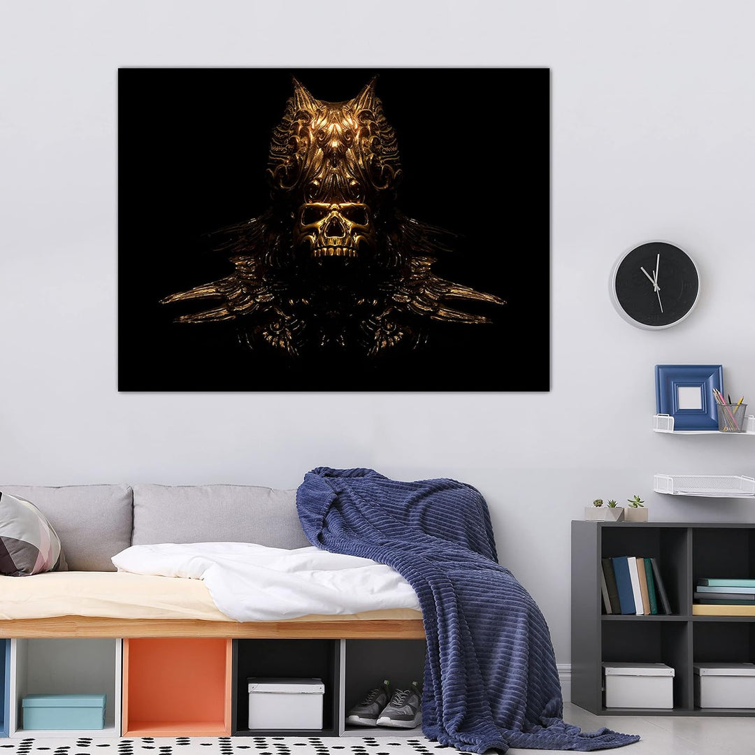 wandmotiv24 Totenkopf Wandbild aus Acrylglas, Grösse 80x60cm, Querformat, goldene Totenmaske, Schäde