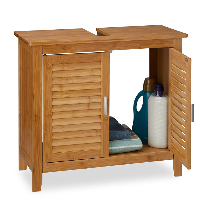 Relaxdays Waschbeckenunterschrank LAMELL, 2 Türen, Waschbecken & Waschtisch, Bambus & MDF, HBT: 60 x