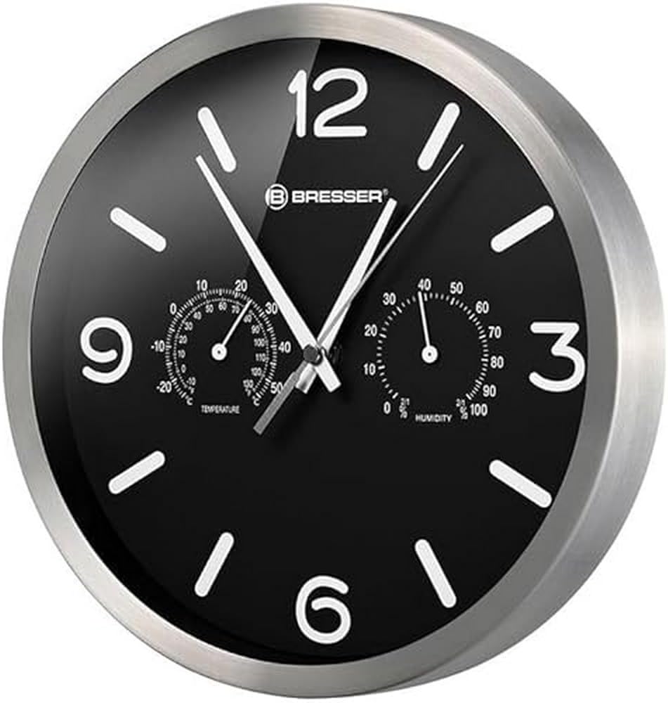 Bresser Funkuhr Wanduhr MyTime ND Thermo-Hygro mit geräuschlosem Funkuhrwerk, Edelstahlrahmen und An