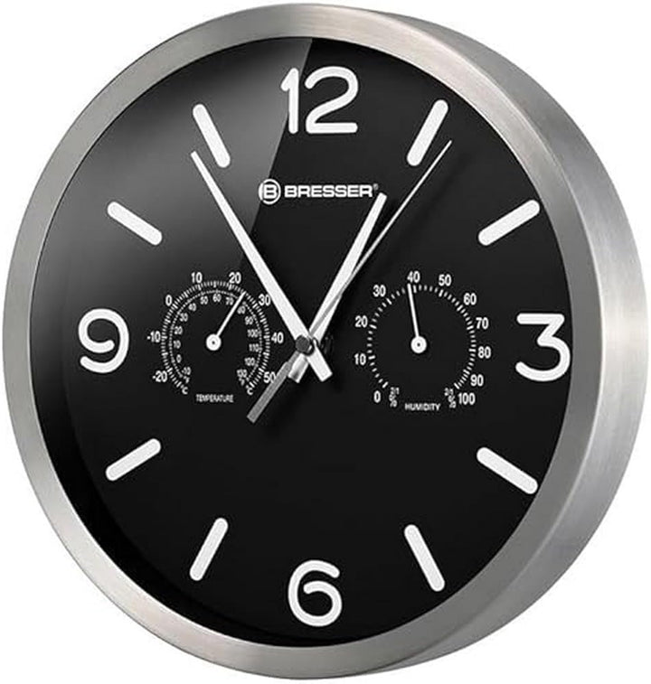 Bresser Funkuhr Wanduhr MyTime ND Thermo-Hygro mit geräuschlosem Funkuhrwerk, Edelstahlrahmen und An
