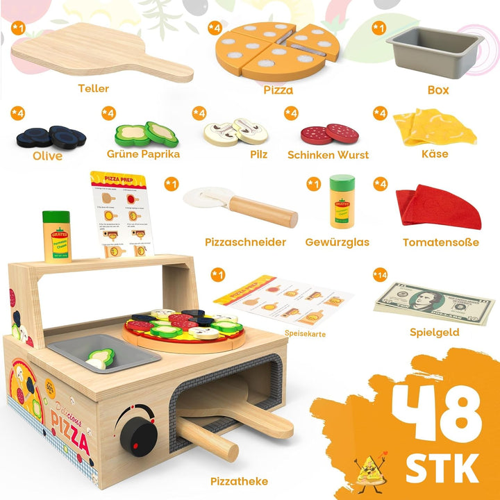 Pizza-Ofen Holzspielzeug ab 3 Jahre Kinder Montessori Spielzeug Kinderküche Zubehör mit Pizza, Pizza