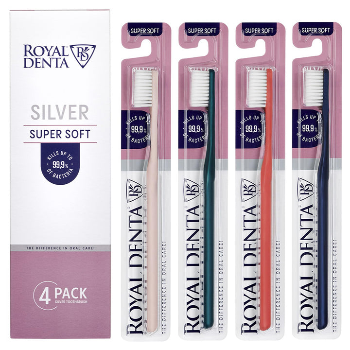 Royal Denta Silver Super Soft Zahnbürsten 4-Pack - Extra weiche Borsten für empfindliche Zähne &amp; Zah