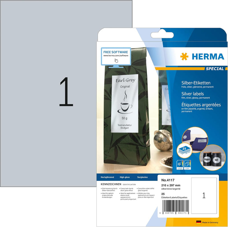 HERMA 4117 Wetterfeste Folienetiketten silber, 25 Blatt, 210 x 297 mm, 1 Stück pro A4 Bogen, 25 Aufk