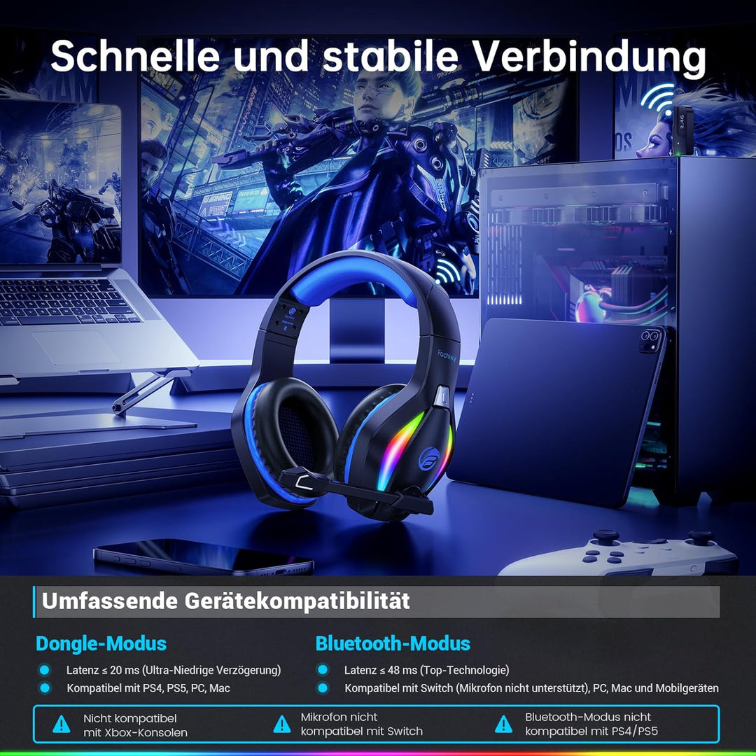 Fachixy FC100 Headset mit Mikrofon, 2,4G Wireless Gaming Headset für PS5, PS4, PC, Switch, Mac, Surr