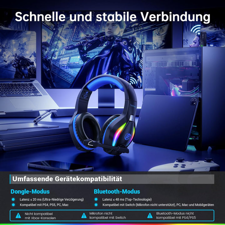 Fachixy FC100 Headset mit Mikrofon, 2,4G Wireless Gaming Headset für PS5, PS4, PC, Switch, Mac, Surr