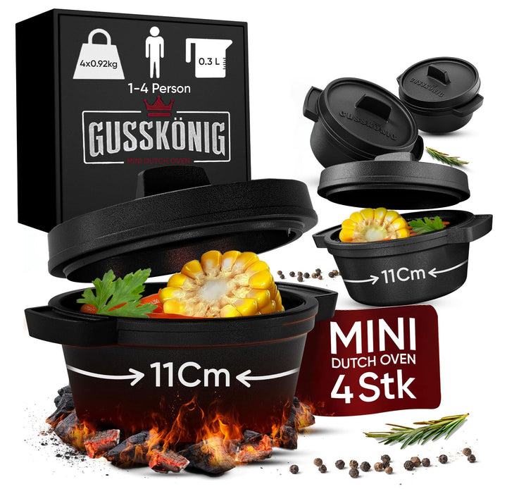 GUSSKÖNIG Dutch Oven Set Mini - 4x 300ml Gusseisen Mini Topf mit Deckel - bereits eingebrannter Mini