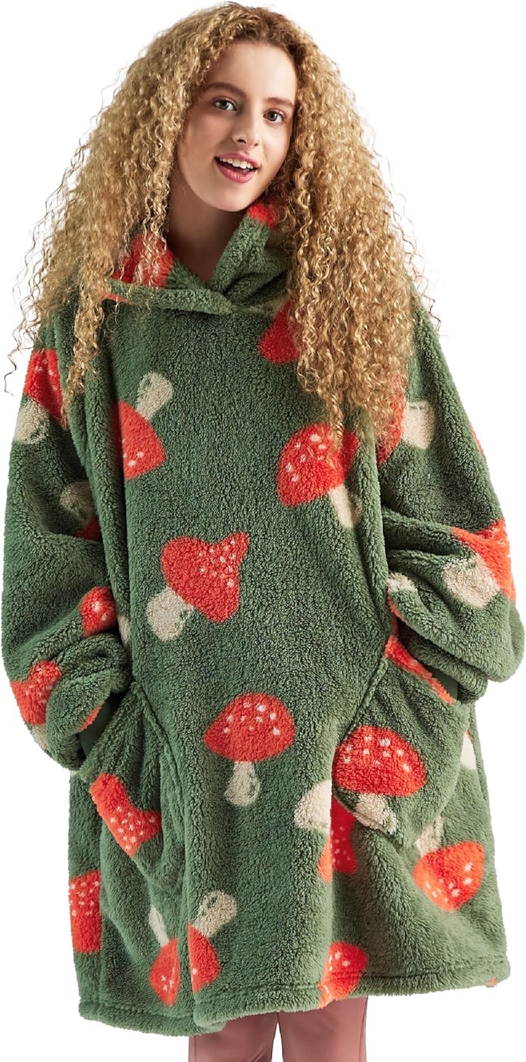 BEDSURE Hoodie Decke Damen mit Ärmeln Deckenpullover Kuschelpullover Damen Pilz Druck Standard, Gesc