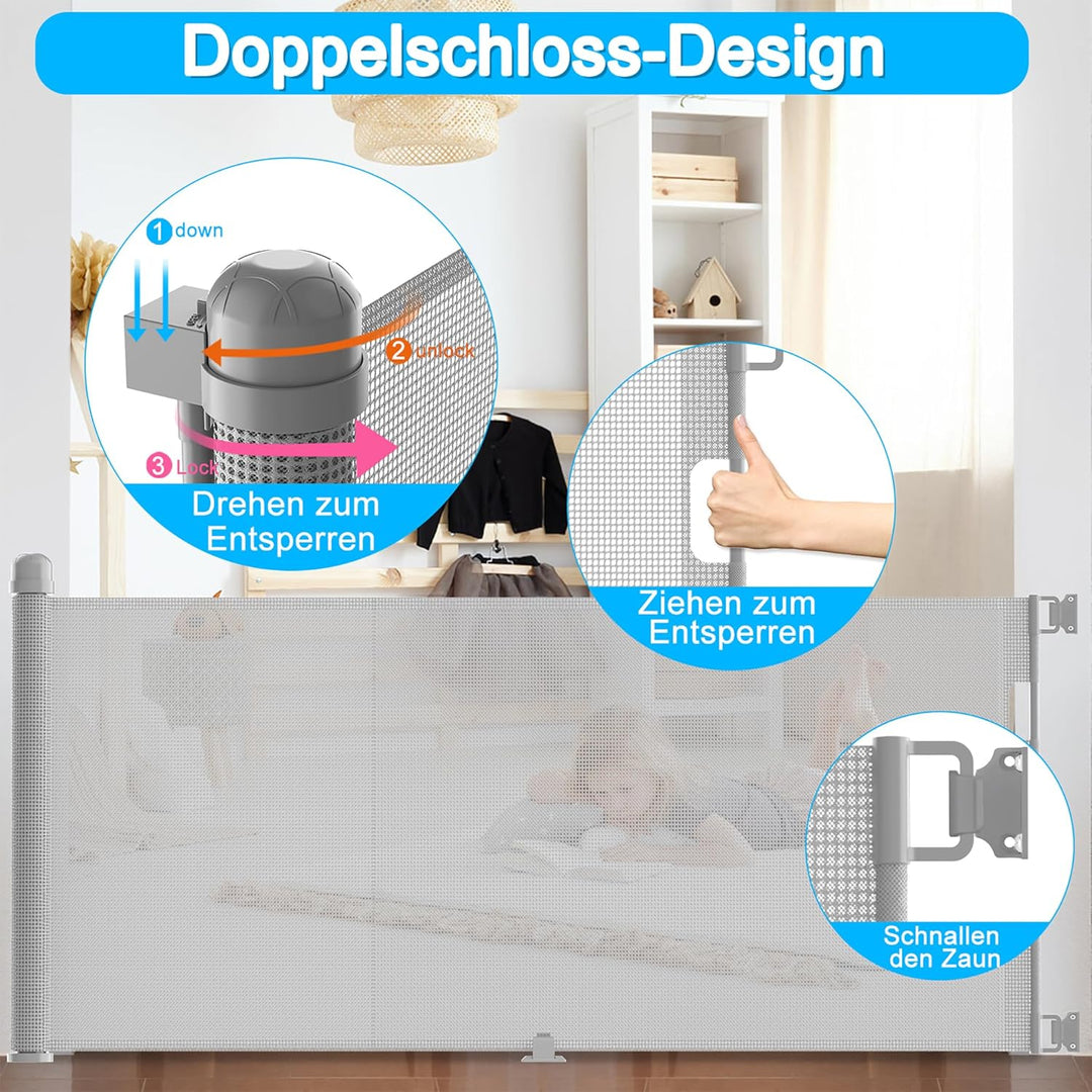XMTECH Türschutzgitter Ausziehbar Treppenschutzgitter 0-300cm Grau Einziehbares Treppenschutzrollo,