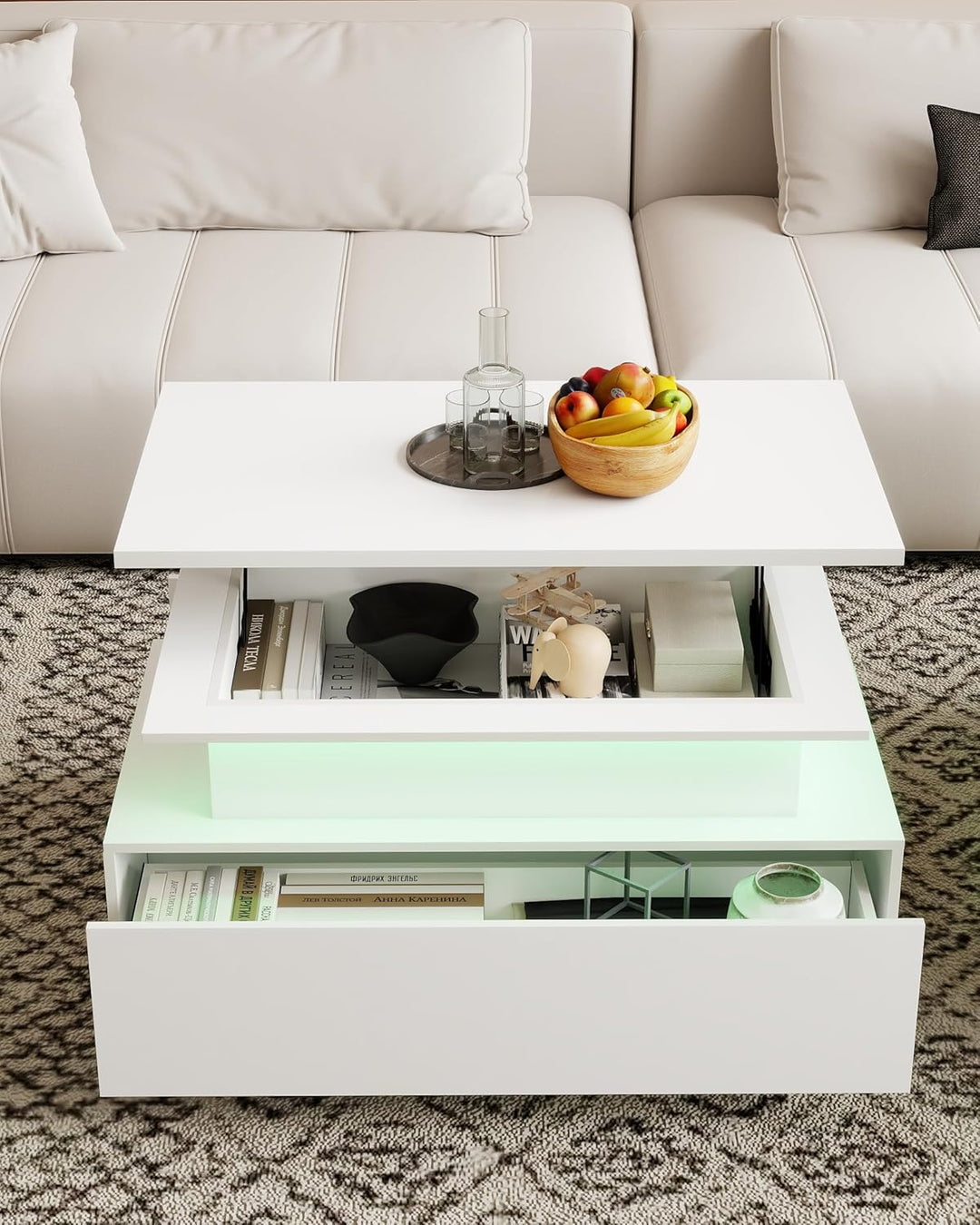 Couchtisch Höhenverstellbar Weiss Hochglanz, Couchtisch Aufklappbar mit Stauraum Modern, Wohnzimmert