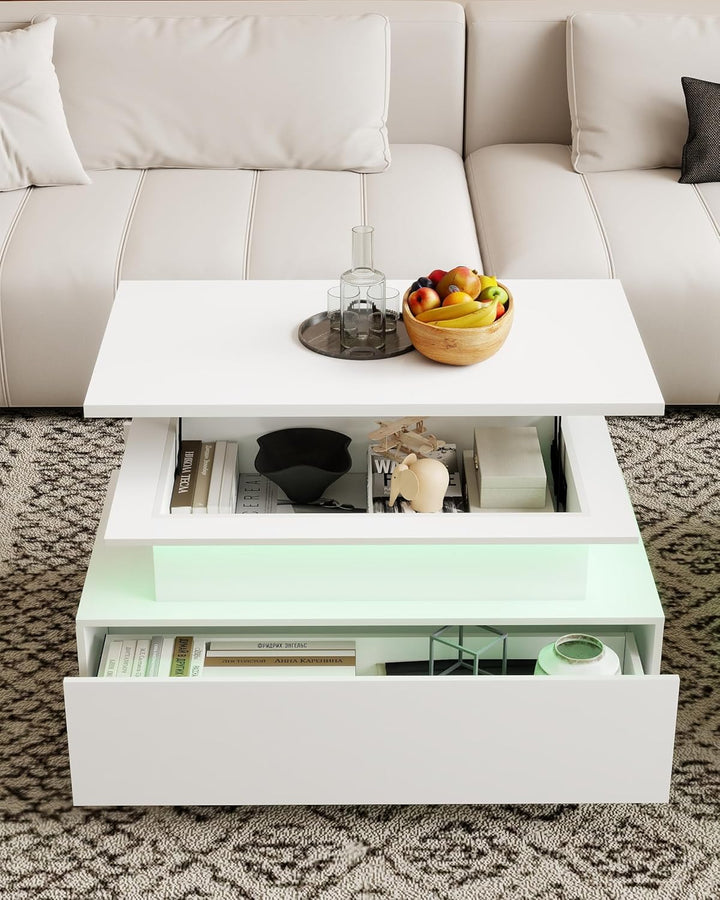 Couchtisch Höhenverstellbar Weiss Hochglanz, Couchtisch Aufklappbar mit Stauraum Modern, Wohnzimmert