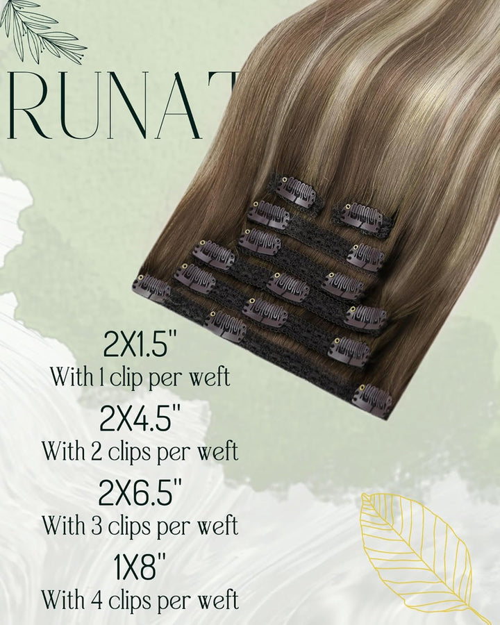 RUNATURE Clip Extensions Echthaar Balayage Braun Blond Glatt Clip in Extensions Echthaar Balayage Br