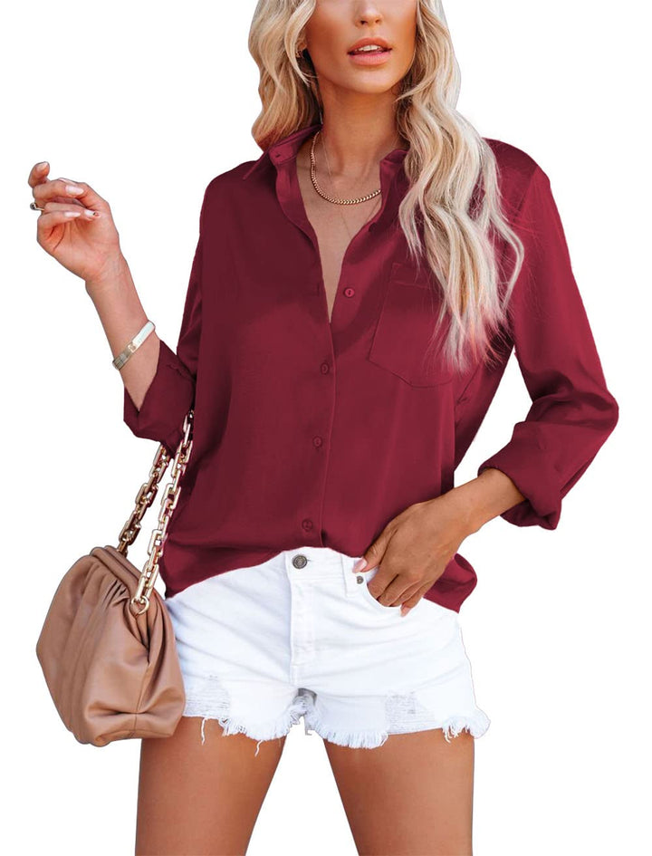 Damen Bluse Elegant V-Ausschnitt Satin Langarm Casual Oberteile Locker Hemd Einfarbig Lose Langarmsh