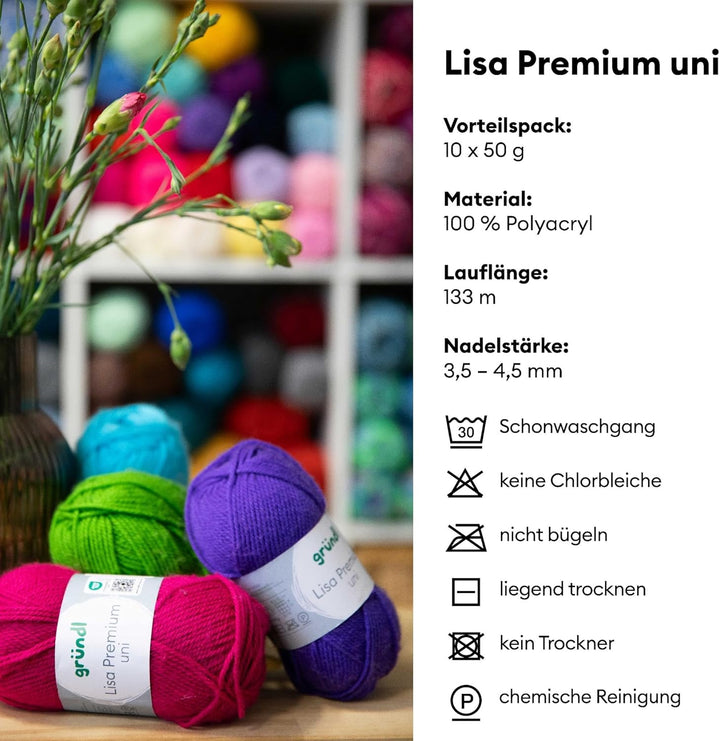 Gründl Wolle Lisa Premium Uni Fuchsia - 10 x 50g - Strickgarn - Häkelgarn - 100% Polyacryl - Superwe