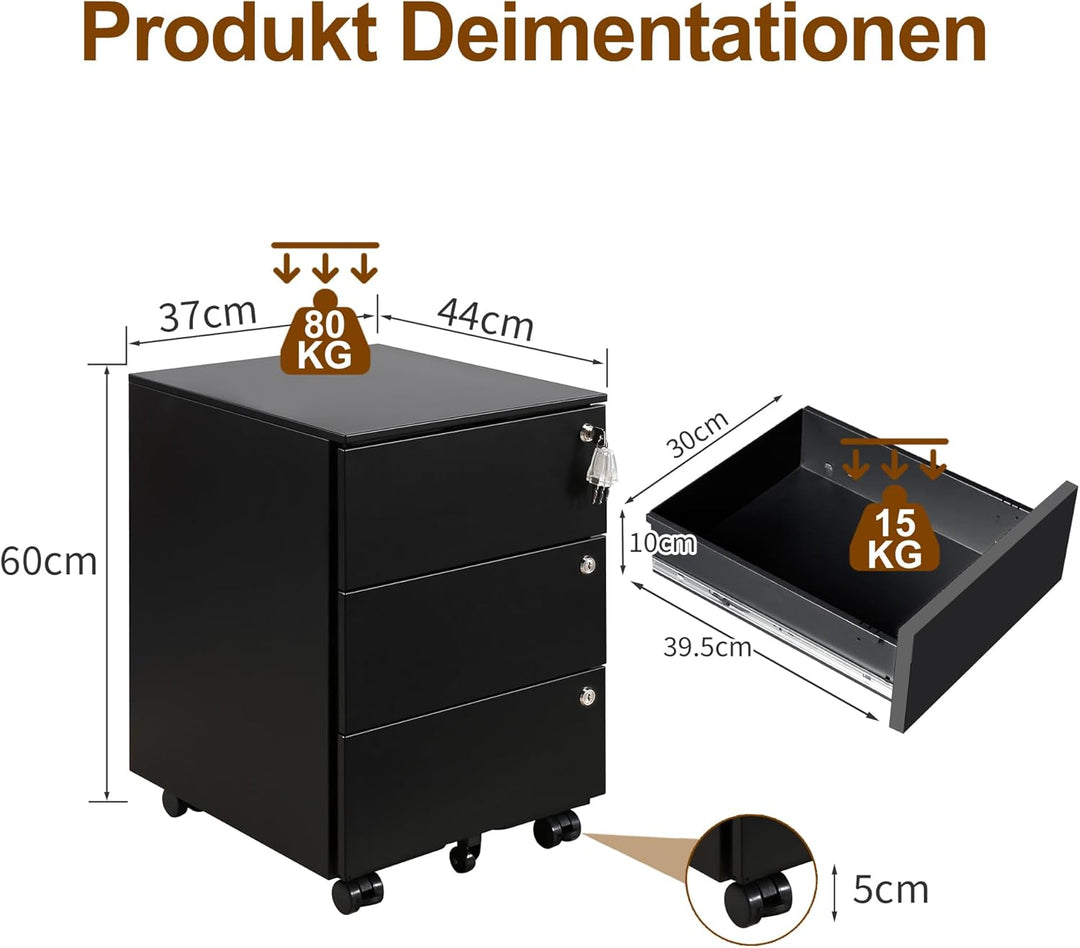 Rollcontainer, Mobiler Aktenschrank mit 3 Schlössern, 4 Schlüssel, 3 Schubladen, Rollcontainer Schre