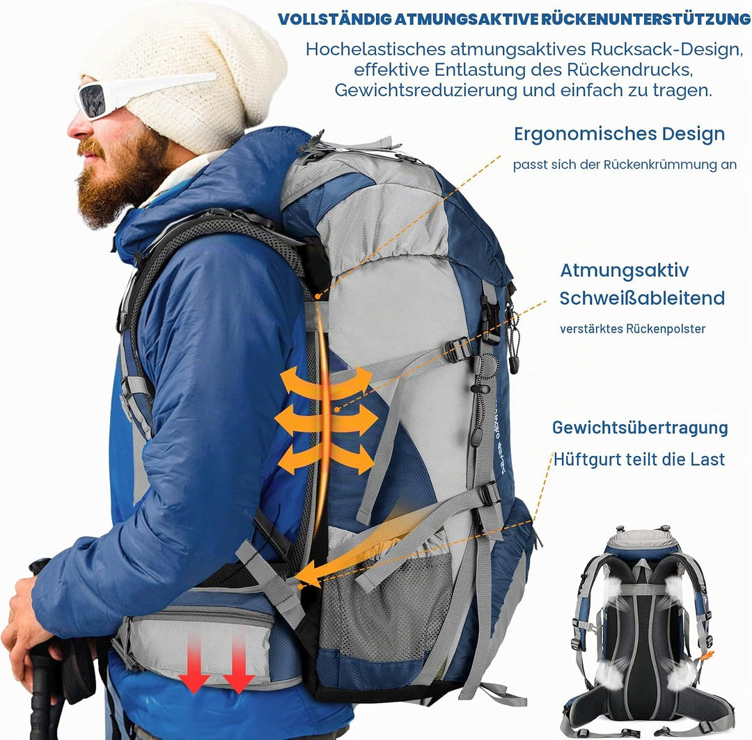 Loowoko Wanderrucksack 50L mit Regenschutz, Camping Rucksack Trekking Tasche für Outdoor, Männer & F