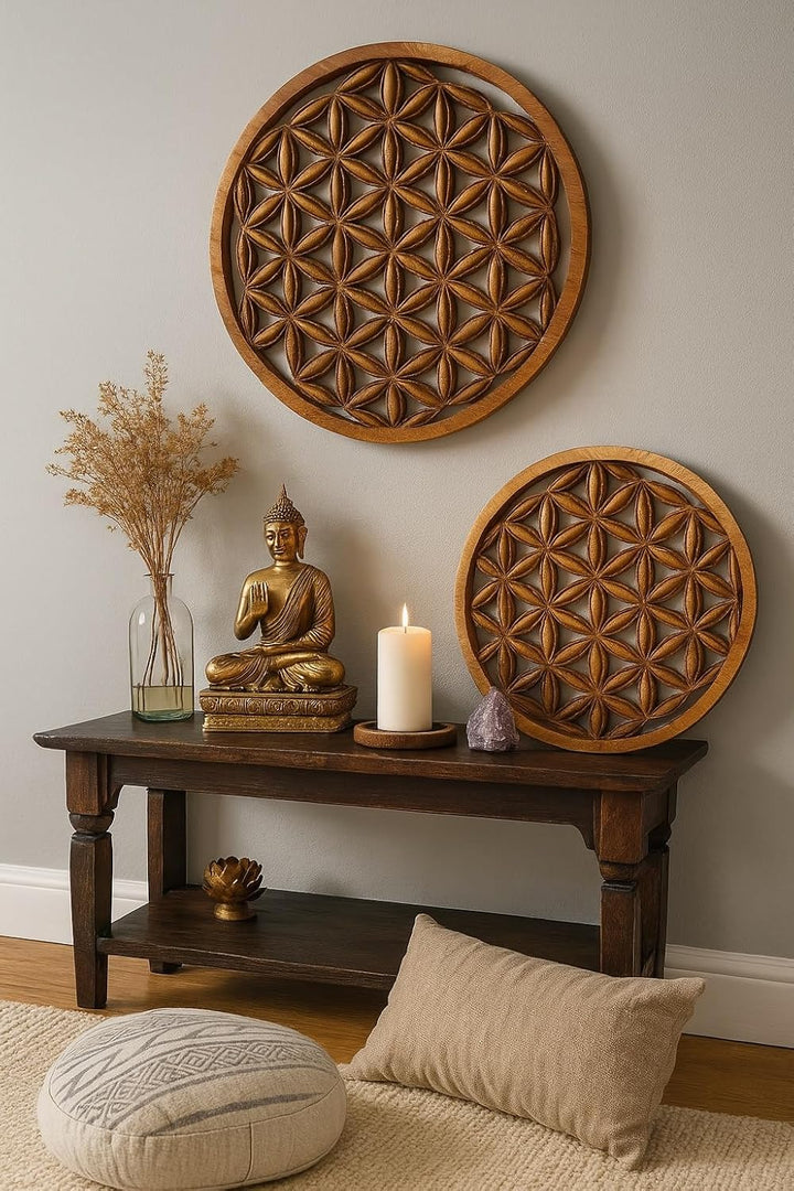 Trintura Blume des Lebens Wandbild 30 cm Lebensblume Energiebild Holzbild Handarbeit aus Akazien-Hol