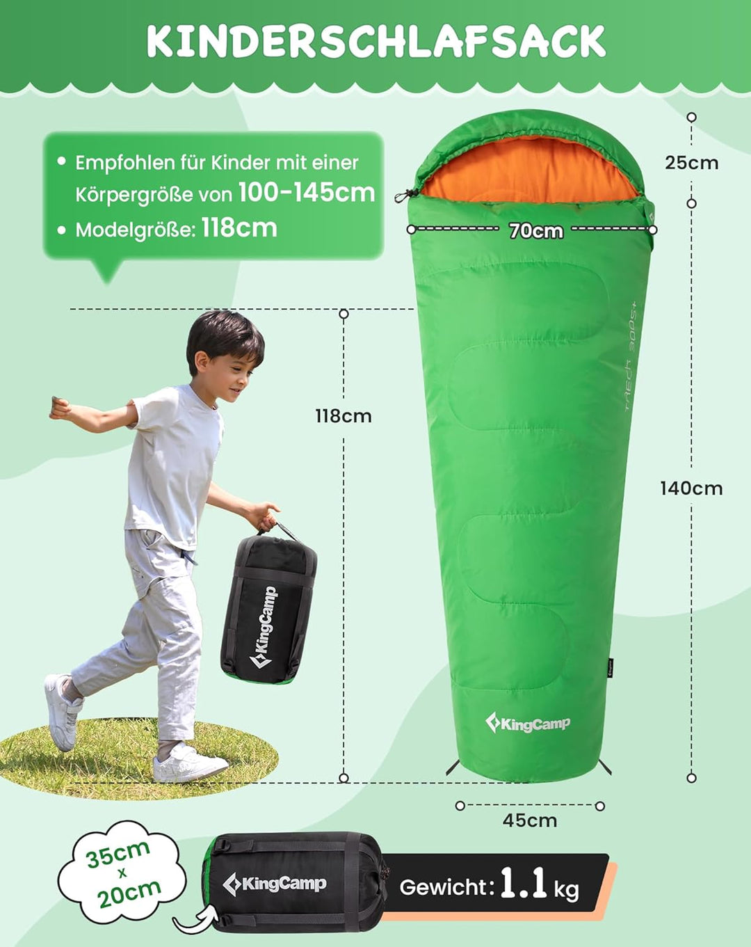 KingCamp Schlafsack Kinder aus Baumwoll-Flannel, warm und Bequeme Kinderschlafsack für 6-10 Jahre (b