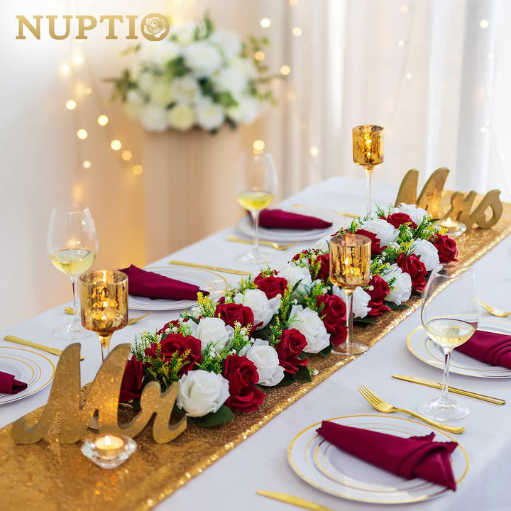 NUPTIO Kunstblumen Mittelstücke für Tische 2 Stück Karminrot Weisse Blumen 50cm Lang Gefälschte Seid