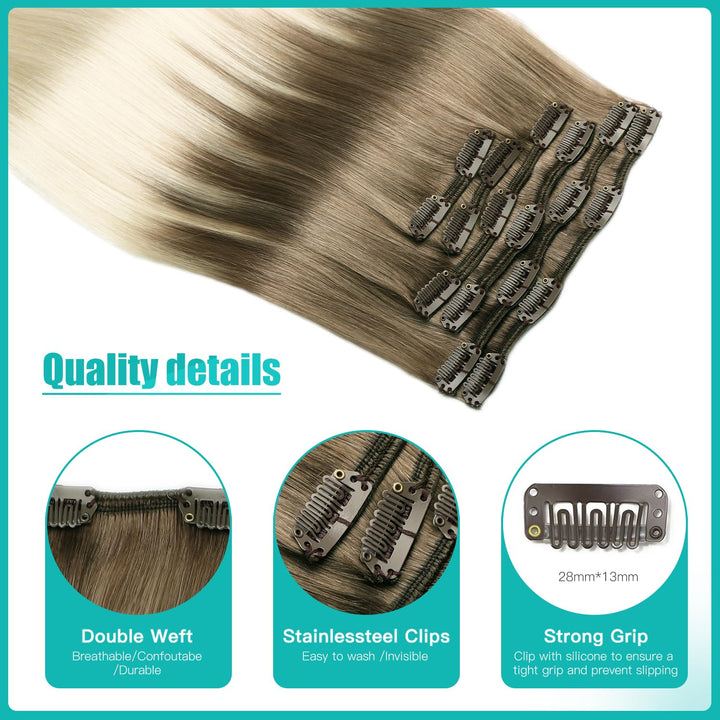 SURNEL Clip Extensions Echthaar Blond Echthaar Clip in Extensions Farbe Hellbraun Mit Platinblond 22