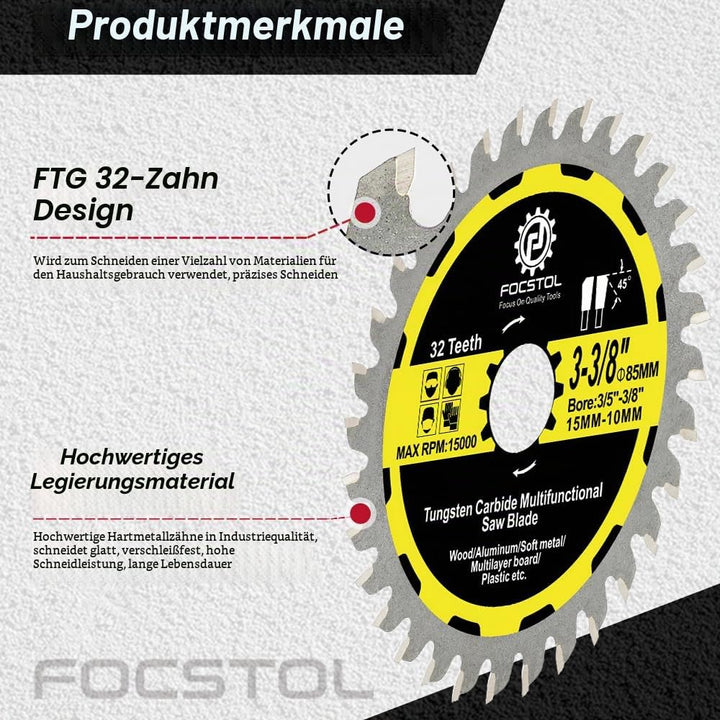FOCSTOL Kreissägeblatt für Holz 85mm x 15/10mm - Sägeblatt für Holz 32 Zähne zum Schneiden von Kunst