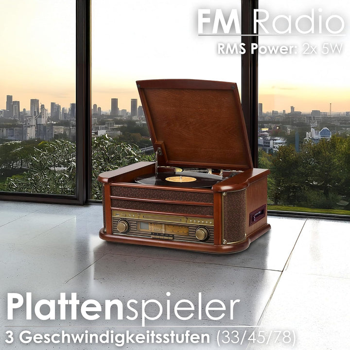 Nostalgie Holz Musikanlage | Kompaktanlage | Plattenspieler | Bluetooth | Retro Stereoanlage | CD MP