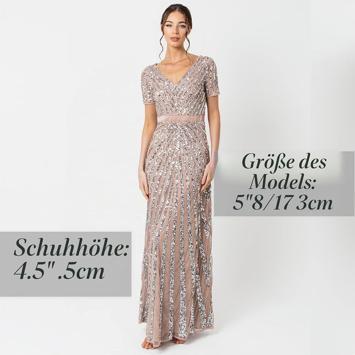 Maya Deluxe Damen Pailletten Maxi Abendkleid Elegant für Hochzeit V-Ausschnitt A-Linien-Schnitt Brau