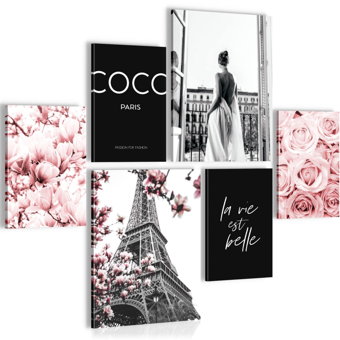 Novart Wandbilder Set Fashion Paris Coco Rosa - KEIN EXTRA RAHMEN BENÖTIGT - Modern Deko - Wohnzimme