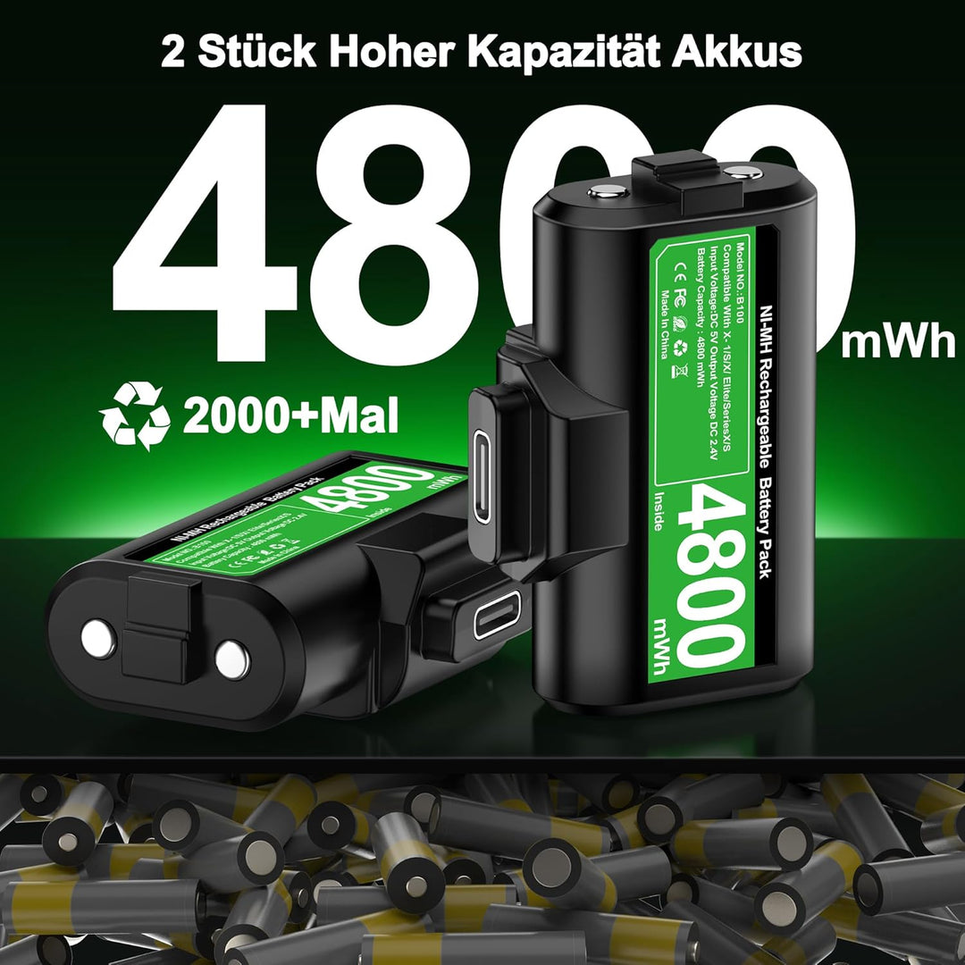 HELLCOOL Xbox Controller Akku für Xbox One/Xbox Series X&S Controller, 2 x 3600 mWh Akku kompatibel