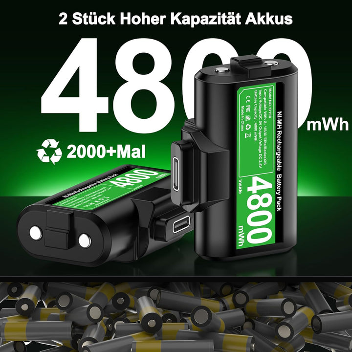 HELLCOOL Xbox Controller Akku für Xbox One/Xbox Series X&S Controller, 2 x 3600 mWh Akku kompatibel