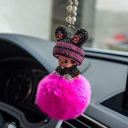 Auto Rückspiegel Ornament,Bling Strass Rückspiegel Anhänger Süsse Puppe Plüsch Ball Auto Hängende An