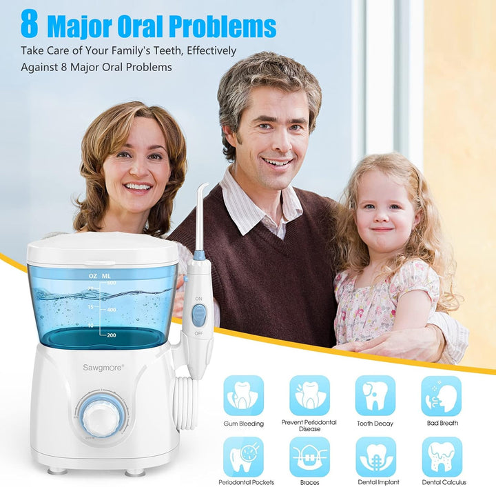 Sawgmore Elektrische Munddusche mit 10 Druckstufen und 8 Düsen，Professional Waterflosser für Zanrein