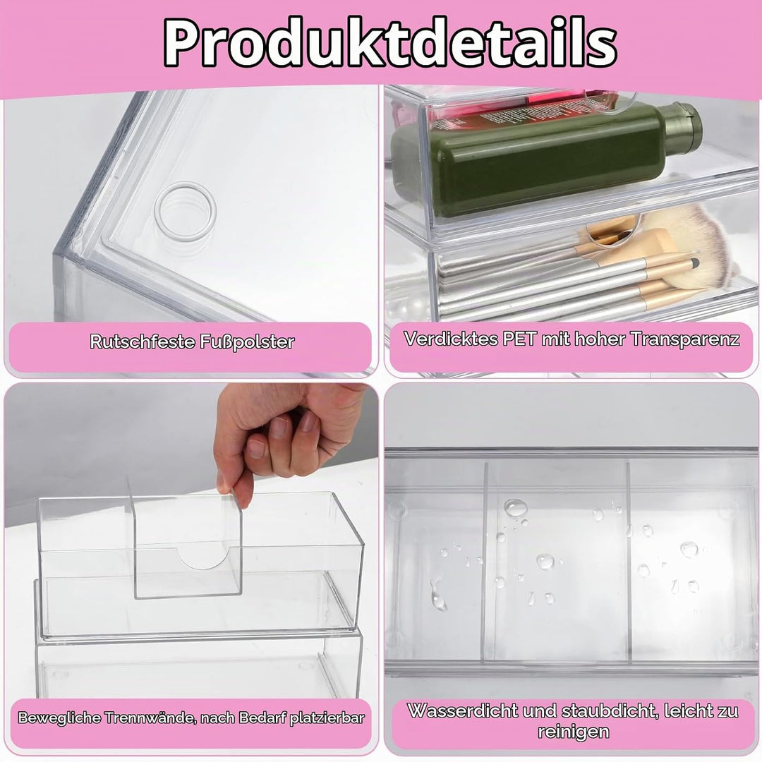 3 Stück Acryl Schubladen Schminktisch Organizer, Stapelbarer Badezimmer Make Up Organizer, Transpare