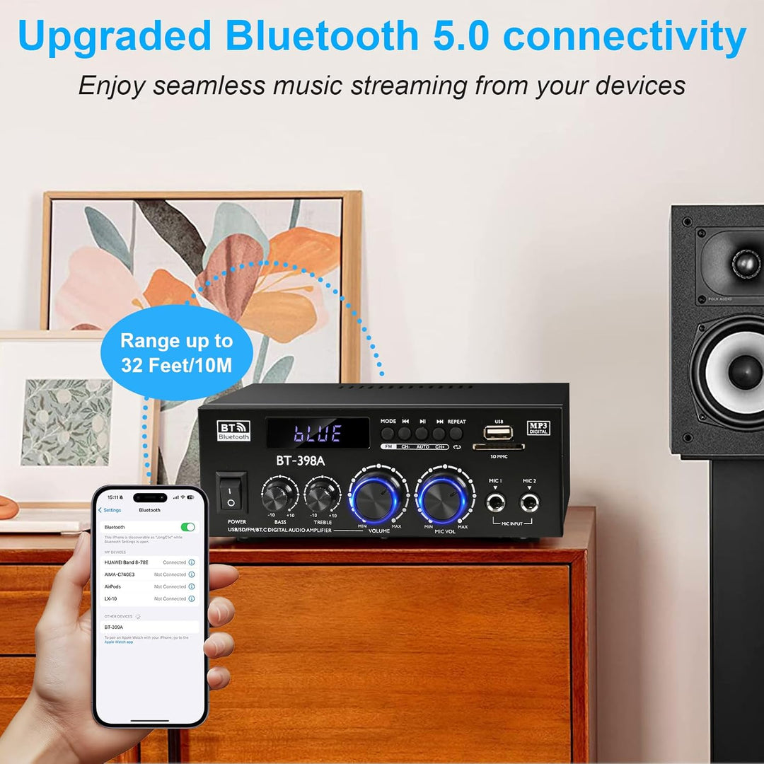 HiFi Stereo Verstärker, 450Wx2, 2-Kanal Mini Bluetooth Verstärker mit w/UKW-Radio, USB/SD, optischen