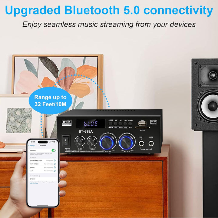 HiFi Stereo Verstärker, 450Wx2, 2-Kanal Mini Bluetooth Verstärker mit w/UKW-Radio, USB/SD, optischen